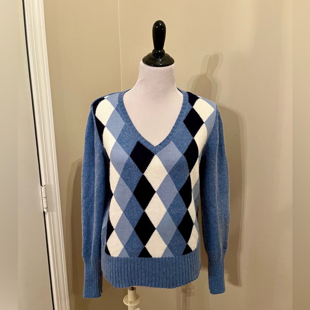 Tommy Hilfiger Blue Argyle V-Neck Wool blend sweater Size L
